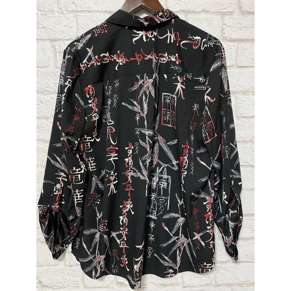 CHICO’S Asian Chinese print top blouse shirt button up black red women's size 2 - Picture 2 of 4